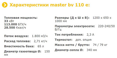 MASTER BV 110 E - технические характеристики